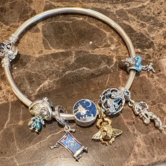 Pandora Silver Charm Bracelet with Blue and Gold Accents - Picture 1 of 13